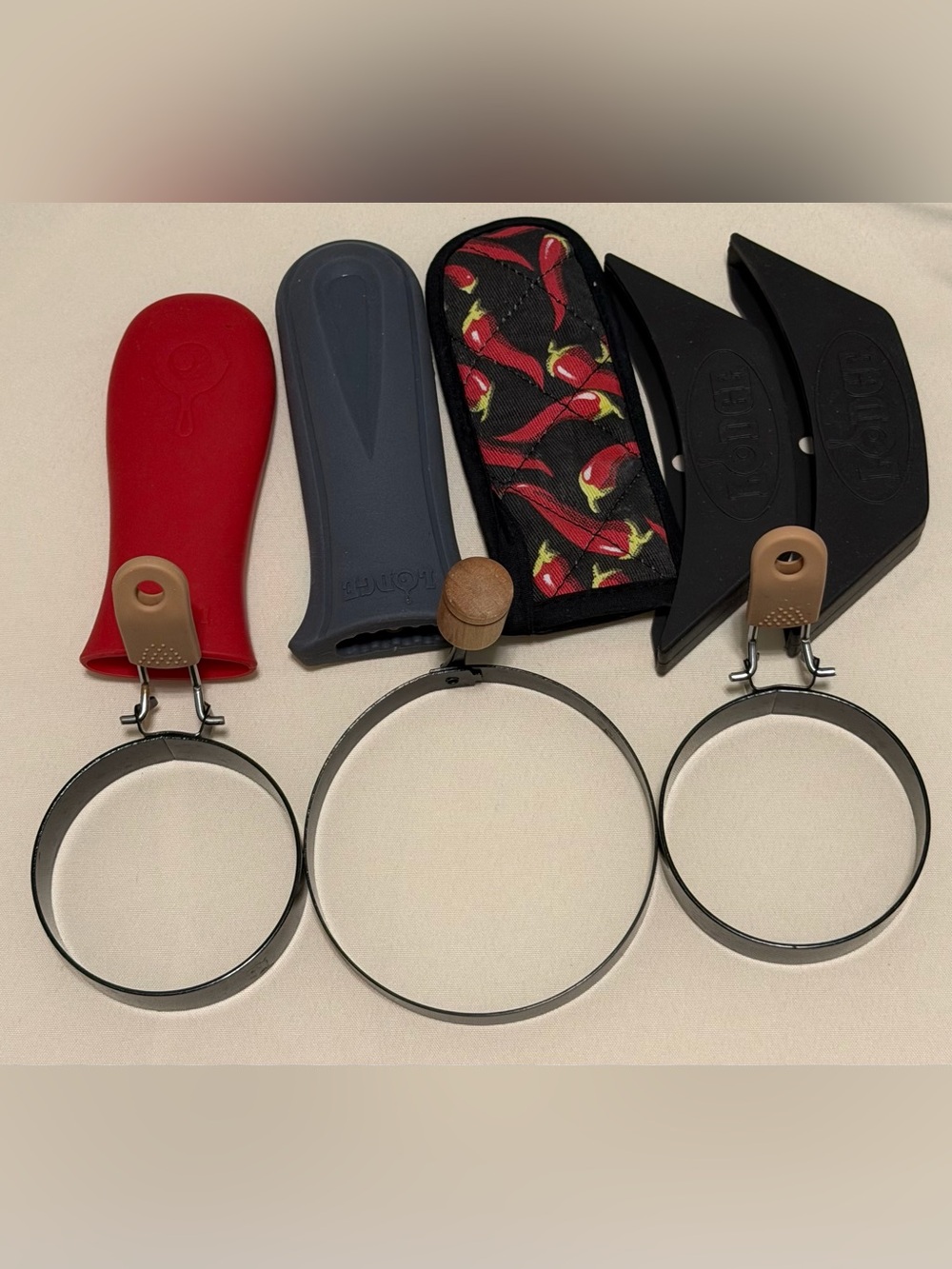 Lodge Pot Handle Holders (5) with Cast Iron Egg Ring (3) Set
